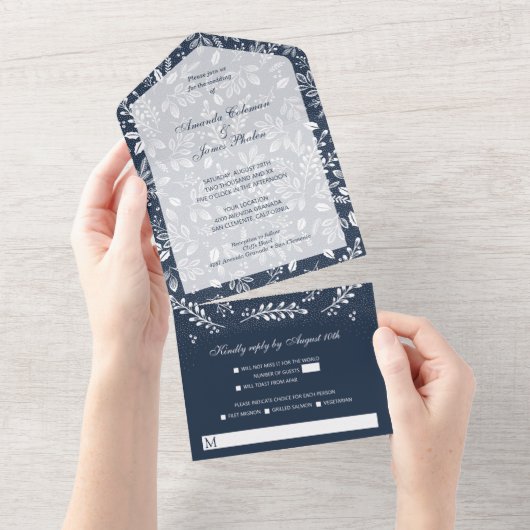 Weiße Botanicals auf Navy Blue All In One Einladung (Abreißen)