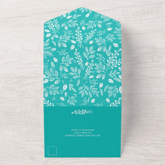 Weiße Botanicals auf Türkis All In One Einladung (Außenbereich)