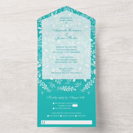 Weiße Botanicals auf Türkis All In One Einladung (Innen Boden)