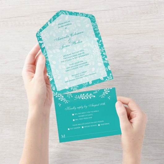 Weiße Botanicals Türkis keine Umschläge Hochzeit All In One Einladung (Abreißen)