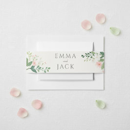 Weiße botanische Aquarellfarben, Grünpflanzen und Einladungsbanderole