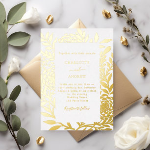 Weiße botanische Luxushochzeit aus Gold Folieneinladung