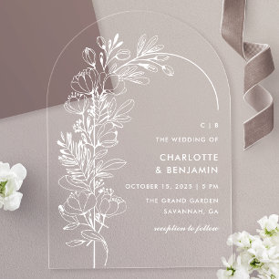 Weiße Botanische Minimalistische Bogenhochzeit Acryleinladungen
