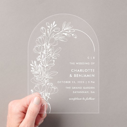 Weiße Botanische Minimalistische Bogenhochzeit Acryleinladungen (Insitu (Handheld))