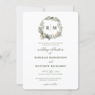 Weiße botanische Monogramm-Hochzeit Einladung