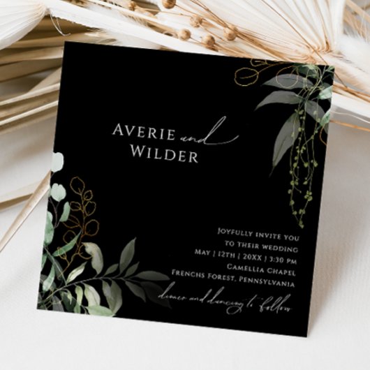 Weiße Botanische Schwarz-Gold-Square-Hochzeit Einladung