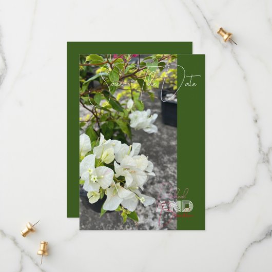 weiße Bougainvillea oder Paperblumenweiß als Schne Save The Date (Vorderseite/Rückseite Beispiel)