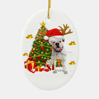 Weiße Boxer-Hund-Weihnachtslichter Baum Santa Hut Keramik Ornament