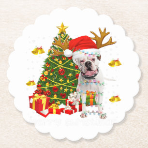Weiße Boxer-Hund-Weihnachtslichter Baum Santa-Hut Untersetzer