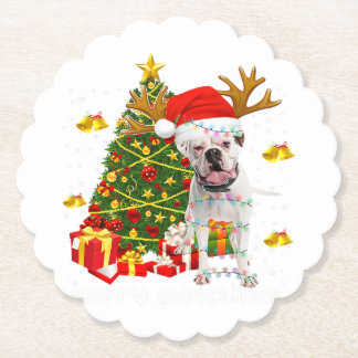 Weiße Boxer-Hund-Weihnachtslichter Baum Santa-Hut Untersetzer