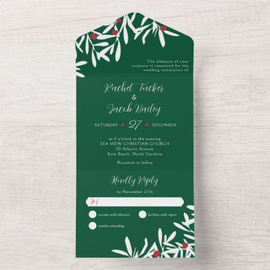 Weiße Branchen & Berries Weihnachtsfeiern Grün All In One Einladung (Innen Boden)
