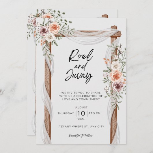 Weiße braune Rustikale Blumenhochzeit Einladung (Vorne/Hinten)