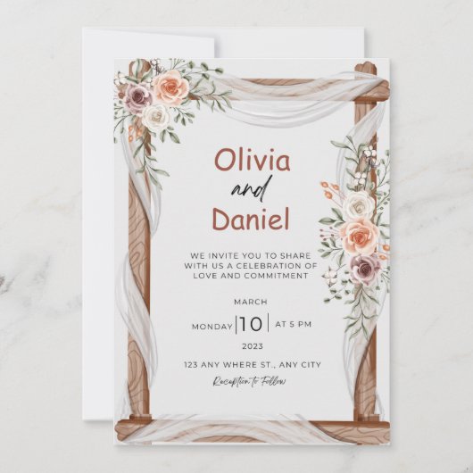 Weiße braune Rustikale Blumenhochzeit Einladung (Vorderseite)