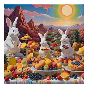 Weiße Bunnies mit fruchtiger Landschaft Poster