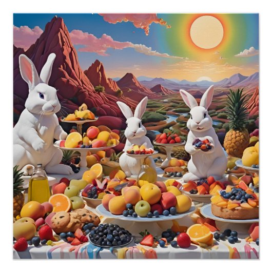 Weiße Bunnies mit fruchtiger Landschaft Poster (Vorderseite)
