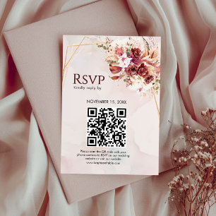 Weiße & Burgunderrote Blumen Gold QR Hochzeits-Ant RSVP Karte