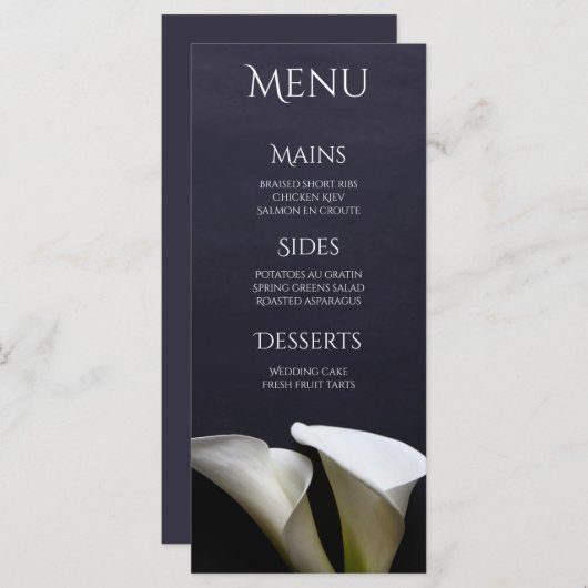 Weiße Calla-Lilien auf schwarz Menükarte (Vorne/Hinten)