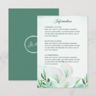 Weiße Calla-Lilien-Monogramm-Hochzeitsempfangskart Einladung