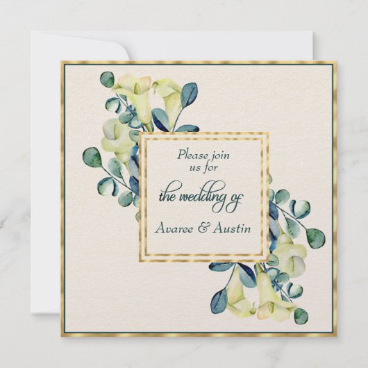 Weiße Calla-Lily und Eukalyptus-Elfenbein und Gold Einladung (Vorderseite)