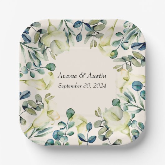 Weiße Calla Lily und Eukalyptus Pappteller (Vorderseite)