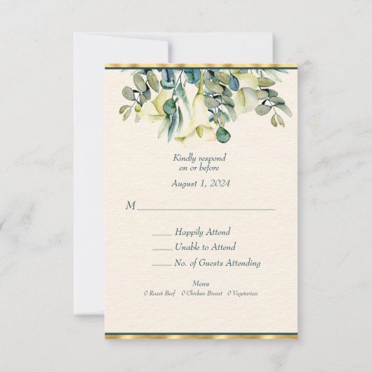 Weiße Calla Lily und Eukalyptus RSVP Karte (Rückseite)