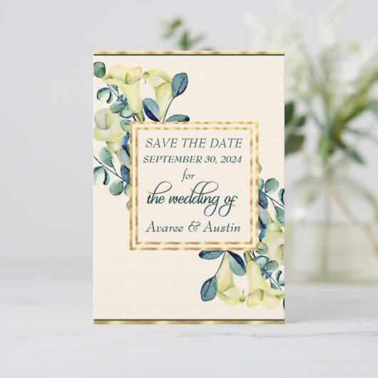 Weiße Calla Lily und Eukalyptus Save The Date (Stehend Vorderseite)