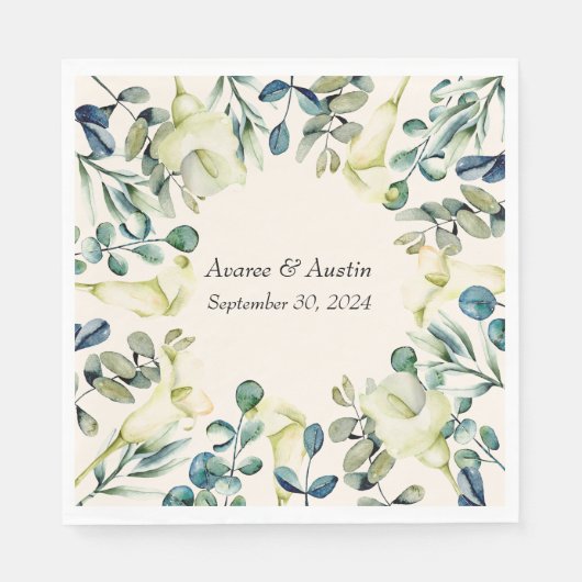 Weiße Calla Lily und Eukalyptus Serviette (Vorderseite)