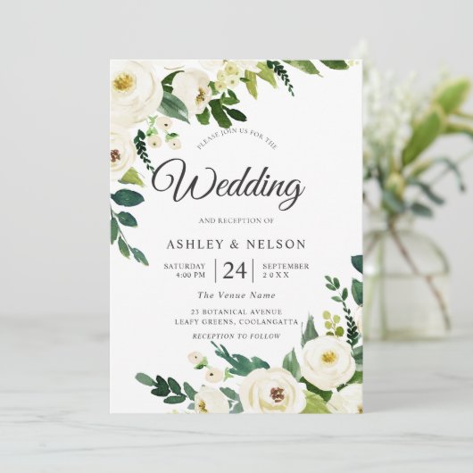 Weiße Champagner-Blume Elegante Rustikale Hochzeit Einladung (Stehend Vorderseite)