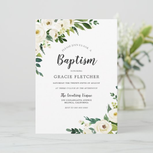 Weiße Champagner-Blume Elegante Taufe Einladung (Stehend Vorderseite)