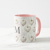 Weiße Chic-Pink-Herz-Ornamente Monogramm Tasse (VorderseiteRechts)