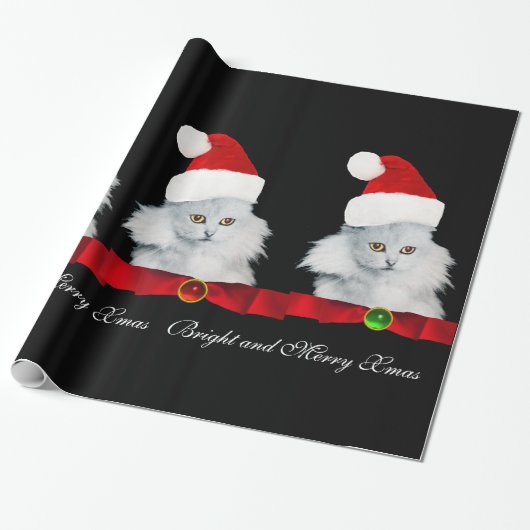 WEISSE CHRISTMAS CAT,SANTA CLAUS HAT UND ROTES RIB GESCHENKPAPIER (Ungerollt)