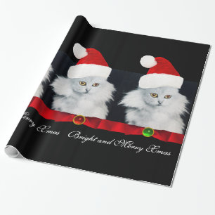 WEISSE CHRISTMAS CAT,SANTA CLAUS HAT UND ROTES RIB GESCHENKPAPIER