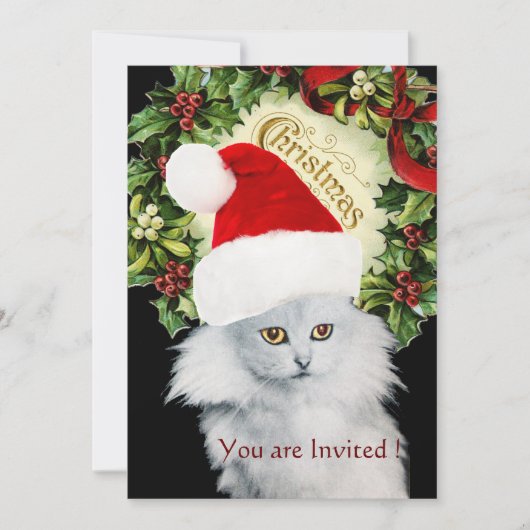 WEISSE CHRISTMAS KATZE MIT SANTA CLAUS HAT EINLADUNG (Vorderseite)