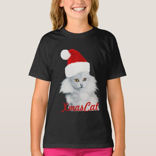 WEISSE CHRISTMAS KATZE MIT SANTA CLAUS HAT T-Shirt (Vorderseite)