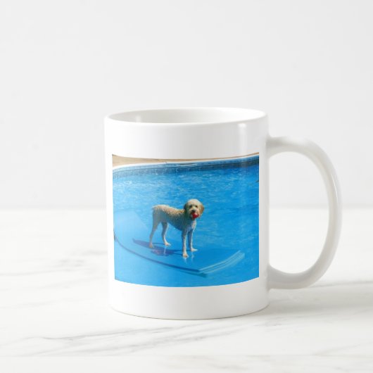 Weiße Cockapoo Hundeschwimmen auf einem Floss Kaffeetasse (Rechts)