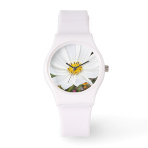 Weiße Cosmos-Blumengarten-Damen-Uhr Armbanduhr
