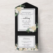 Weiße Creme Blumen auf Schwarz Elegante Hochzeit All In One Einladung (Innen Boden)