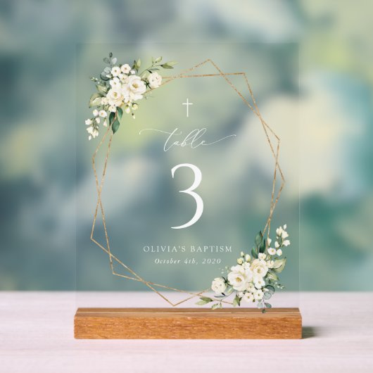 Weiße Creme-Blumen, Boho, Tauf-Tischnummern Acrylschild (Neutral)