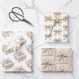 Weiße Creme Silber Glanz Bögen Geschenke Weihnacht Geschenkpapier Set