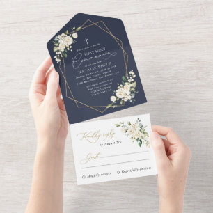 Weiße Cremeblumen, Boho, Erste heilige Kommunion All In One Einladung