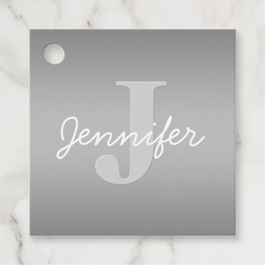 Weiße Cursive und Grau-Monogramm | Editierbare Far Geschenkanhänger (Vorderseite)