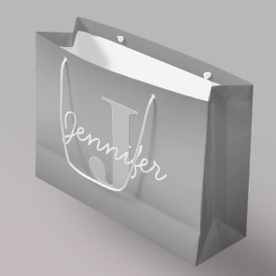Weiße Cursive und Grau-Monogramm   Editierbare Far Große Geschenktüte