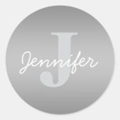 Weiße Cursive und Grau-Monogramm | Editierbare Far Runder Aufkleber (Vorderseite)