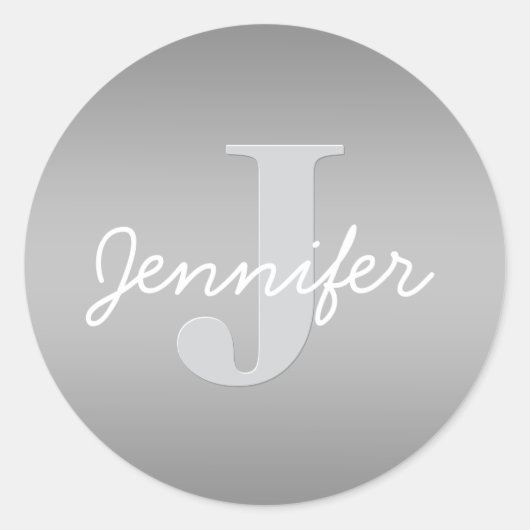 Weiße Cursive und Grau-Monogramm | Editierbare Far Runder Aufkleber (Vorderseite)