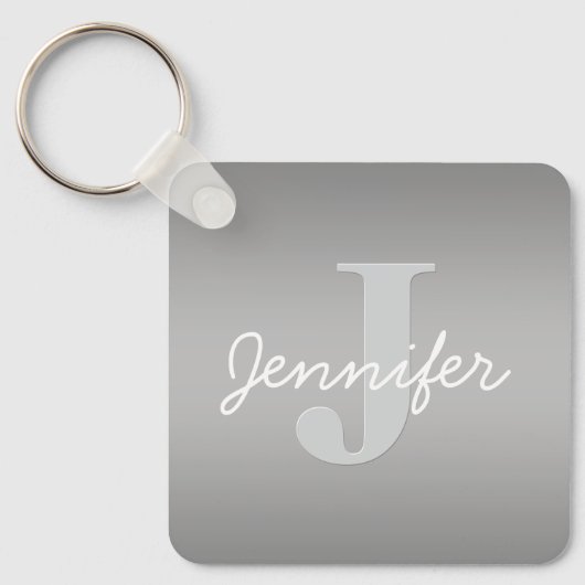 Weiße Cursive und Grau-Monogramm | Editierbare Far Schlüsselanhänger (Vorderseite)