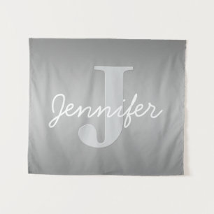Weiße Cursive und Grau-Monogramm Editierbare Far Wandteppich