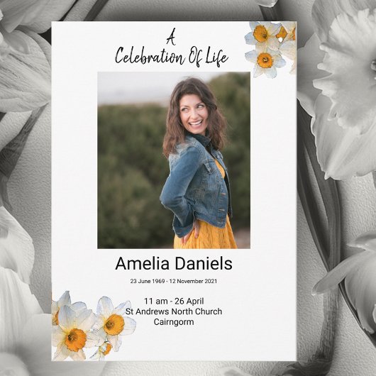 Weiße Daffodil Feier des Lebens Fotokarte Ankündigung