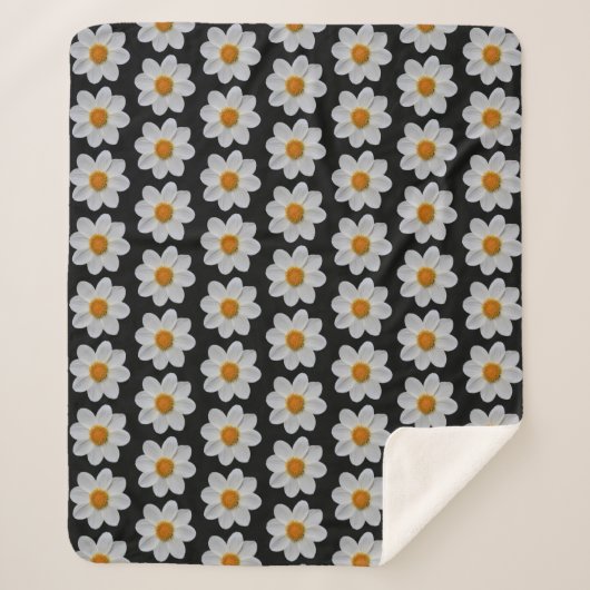 Weiße Dahlia Blumenmuster auf schwarz Sherpadecke (Vorderseite)