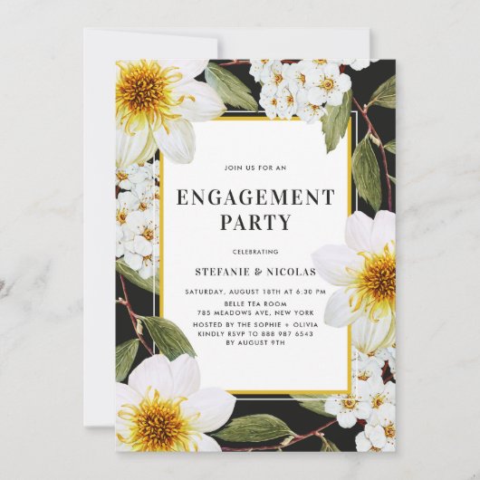 Weiße Dahlia und Spirea Botanische Engagement Part Einladung (Vorderseite)