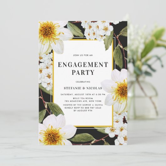 Weiße Dahlia und Spirea Botanische Engagement Part Einladung (Stehend Vorderseite)